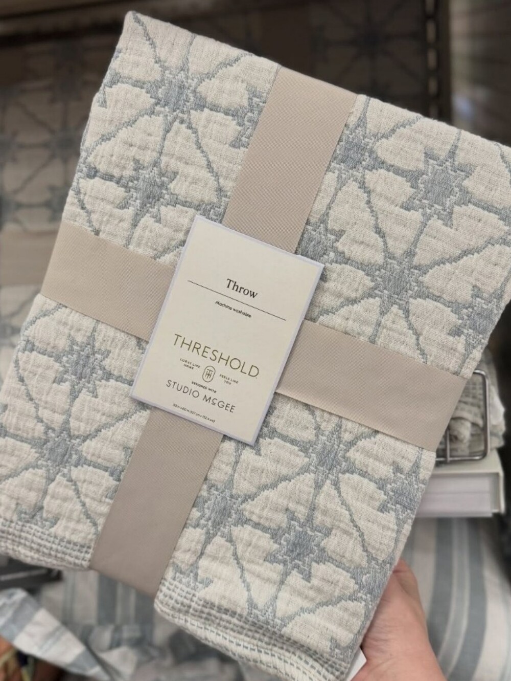 New! Y2K Studio McGee Light Blue White Textured Quilted Star Throw Cottage Core